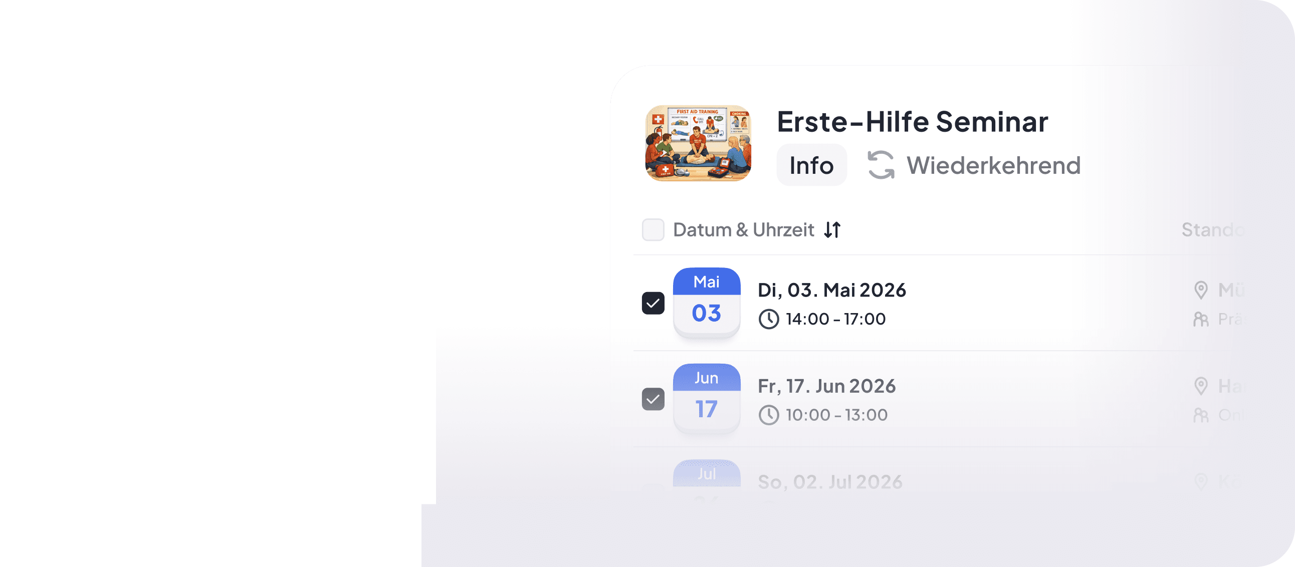 Ein oder mehrere Termine — Seminar „Erste-Hilfe" mit Terminliste 03. Mai, 17. Juni 2026