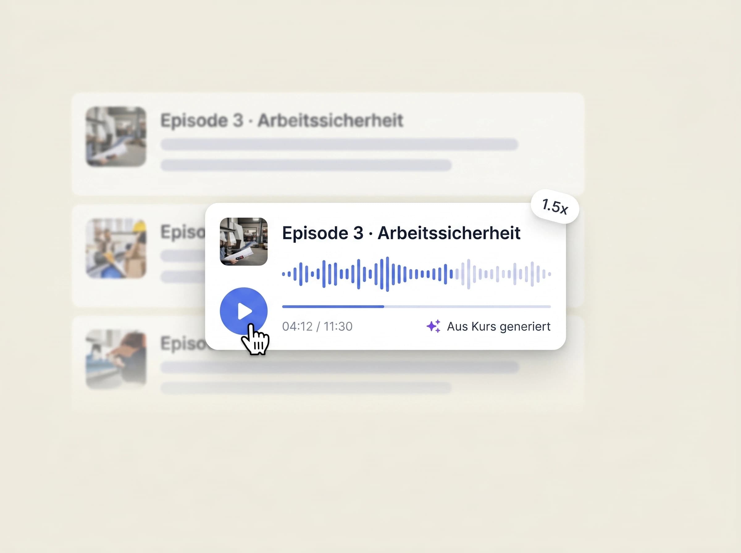 Mitarbeiterin mit Kopfhörern und Audio-Wellenform — Kurse als Podcast-Episoden